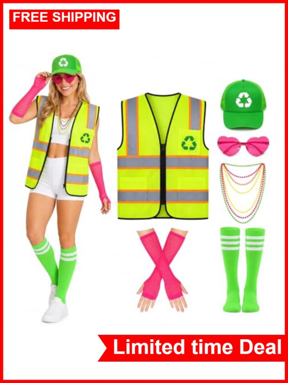 Waste Management Garbage Man Costume Kit Reflective Vest Hat Sunglasses Socks
